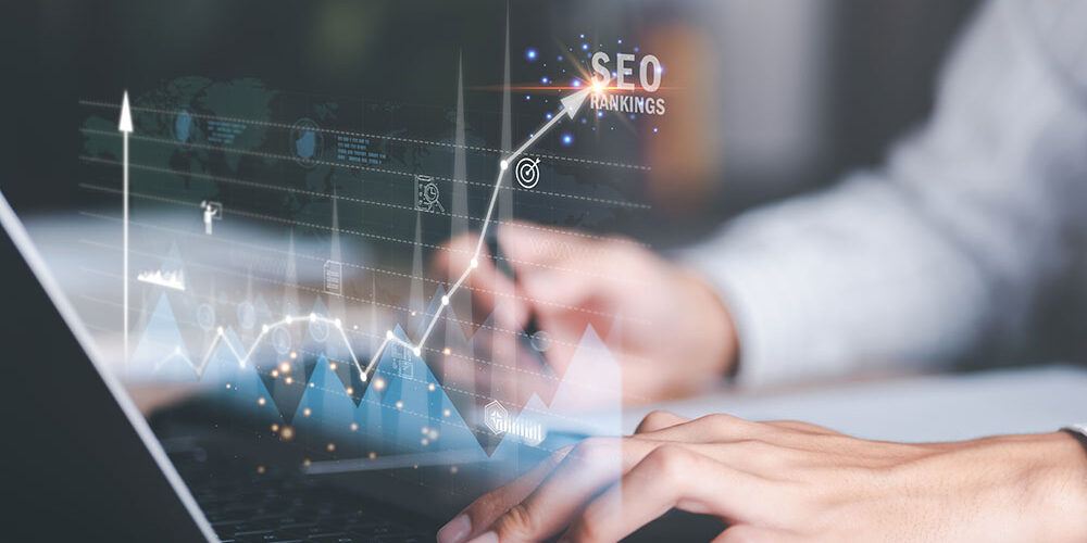 Marketer showing growth graph and SEO concept