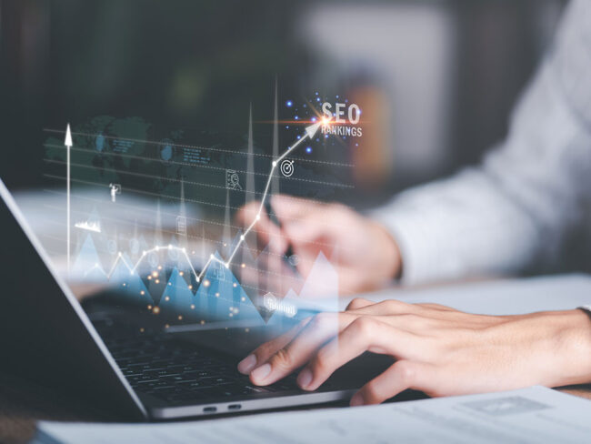 Marketer showing growth graph and SEO concept